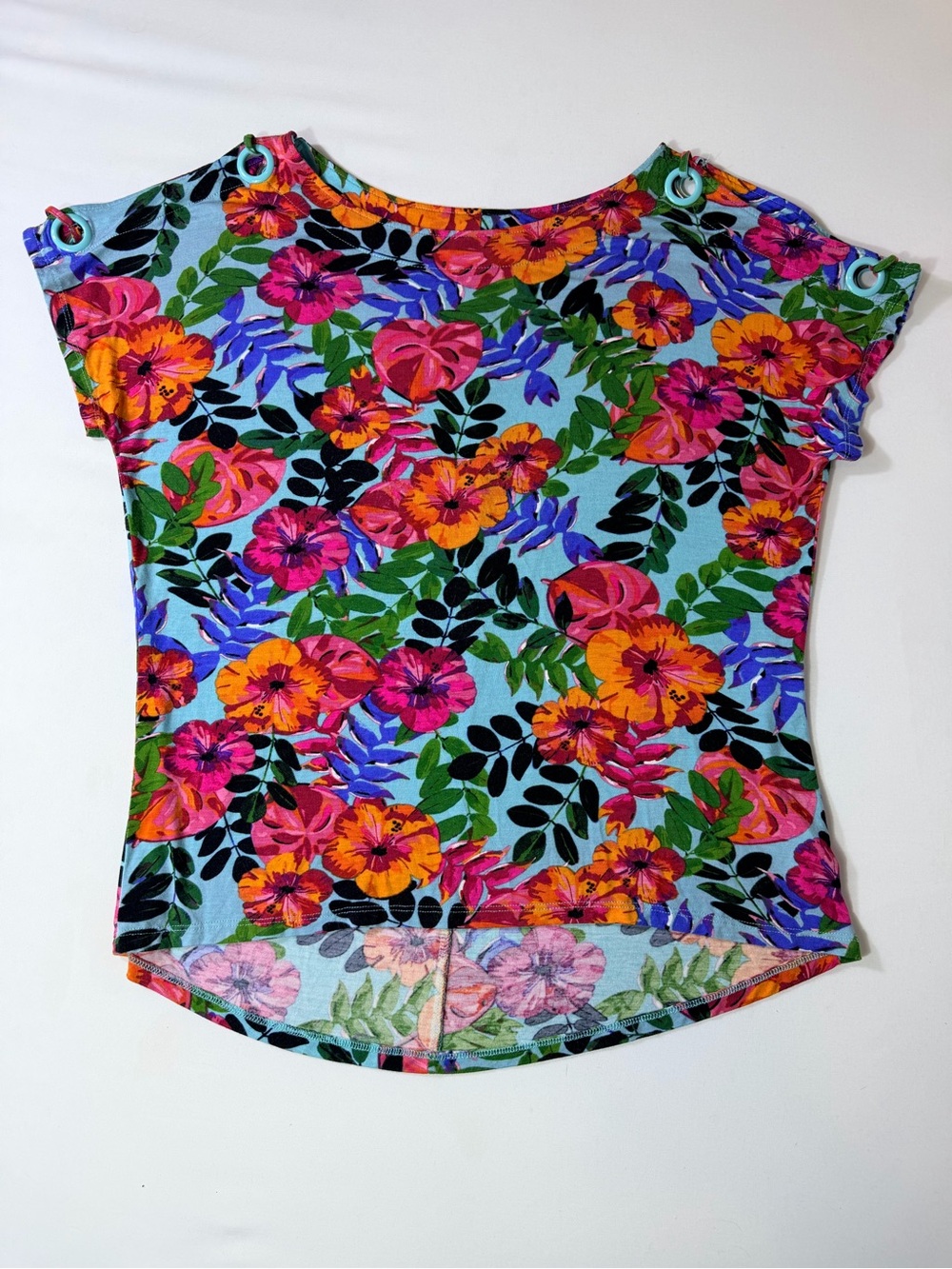 Cable & Gauge Floral Blue Red Orange Hawaiian Cold Shoulder Top Shirt Women’s XL